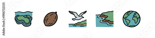Maritime and Coastal Icons Set Featuring Earth Globe Seagull Cliff and Coconut