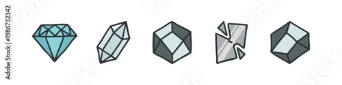 Colored Gemstone Icons with Blue and Gray Facets Featuring Crystals and Diamonds