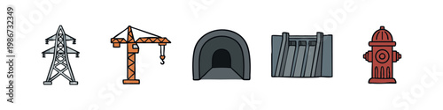 Utility and Construction Icons Featuring Power Tower Crane Tunnel and Dam