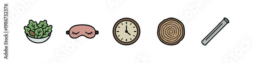 Lifestyle and Nature Icons Including Salad Bowl Sleep Mask Clock and Wood Log