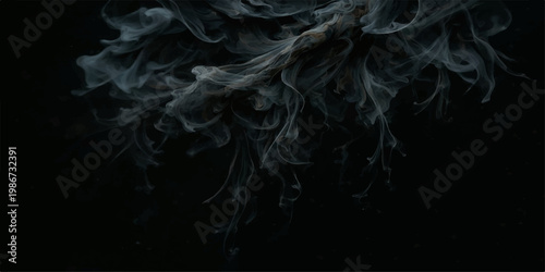 Abstract Mystical Smoke Dance: Intricate patterns of ethereal smoke swirling against a stark black backdrop, creating a captivating visual of mystery and illusion. for Website. Background, Branding