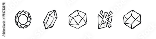 Hand Drawn Sketch Icons of Various Gemstones and Crystals in Black and White