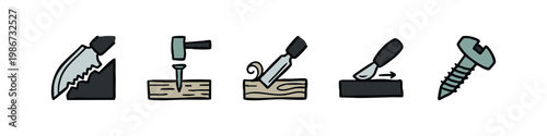 Carpentry and Woodworking Tool Icons Set with Saw Hammer Chisel Plane Knife and Screw