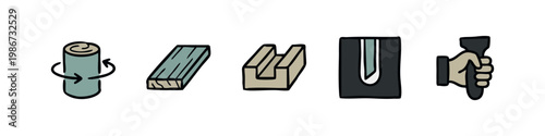 Construction and Joinery Elements Icon Set with Log Wood Plank Grooved Block and Joint Connection