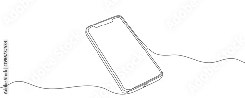 Illustration of a modern smartphone, made in one continuous line. Minimalistic drawing of a mobile gadget in the style of one line art. Vector illustration.