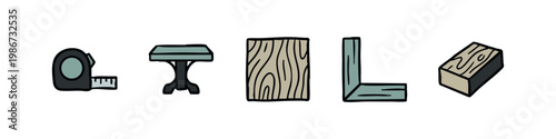 Woodworking Project Planning Icons Featuring Tape Measure Table Wood Grain L-Square and Block