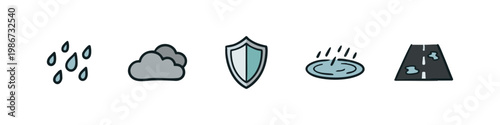 Rainy Weather Protection Icon Set with Raindrops Clouds Shield Water Ripple and Wet Road