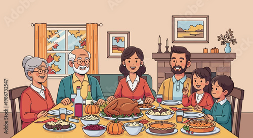 Family gathered around a table enjoying a Thanksgiving meal together.