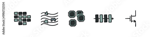 Microelectronics and Integrated Circuit Components Icon Set with Grid Modulation CPU Chips and Transistor