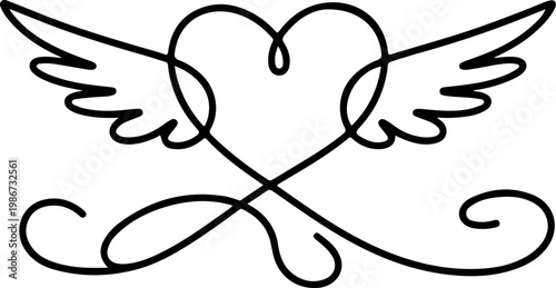 Elegant continuous line art drawing of a romantic heart with graceful wings and decorative swirling flourishes, symbolizing love and freedom