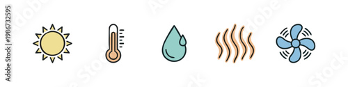 Summer Heat and Temperature Control Icon Set with Sun Thermometer Humidity Steam and Fan