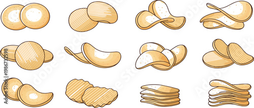 Potato Chips Collection with Different Shapes and Styles Crispy Snack Elements for Food Packaging Menu and Advertising Vector Illustration Set