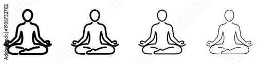 Set of linear icons of a person in lotus position with different stroke weights. Minimalist symbols of yoga, meditation, tranquility, and mental health. Vector illustration.