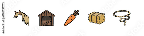 Horse Ranch and Stable Icons with Horse Mane, Barn, Carrot, Hay Bale, and Lasso