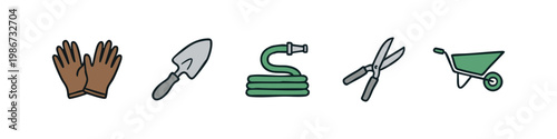 Collection of Hand-Drawn Gardening Equipment with Gloves, Trowel, Hose, and Wheelbarrow