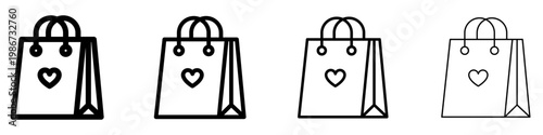 Set of linear shopping bag icons with handles and a heart with different stroke weights. Minimalist symbols of shopping, retail, and customer loyalty. Vector illustration.