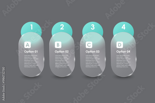 3D glass oval infographic elements. Modern infographic layout, business promotion strategy with a 4 step process.