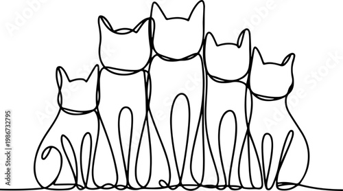Continuous line drawing of a cute group of five cats sitting together, minimalist and adorable pet art illustration