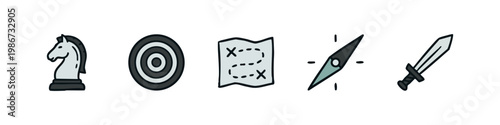 Strategy Business Icons Set with Chess Knight Target Map Compass and Sword