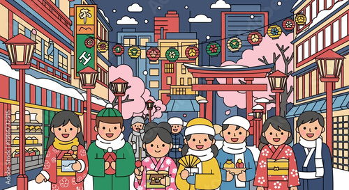 Group of diverse children in traditional winter attire celebrating a festival.