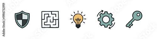 Business Solution and Innovation Icons with Shield Maze Light Bulb Gear and Key