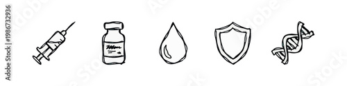 Hand Drawn Medical and Science Sketches of Syringe Vial Drop Shield and DNA Strand