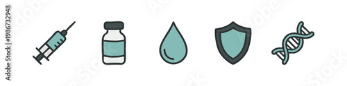 Colorful Hand Drawn Medical Icons Set Including Vaccine Syringe Vial Drop and DNA