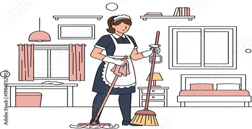Professional Housemaid Cleaning Bedroom Interior with Mop and Broom Wearing Uniform Performing Household Chores in Modern Home Hygiene Routine Vector Illustration