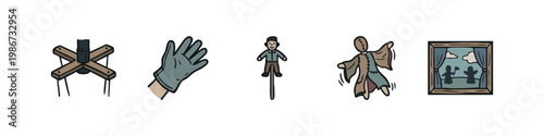 Puppetry Performance Icons Including Marionette Handle Glove Stick Puppet and Stage