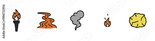 Volcanic and Fire Themed Icons Including Torch Lava Smoke Flame and Mineral
