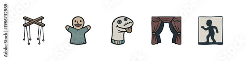 Puppet Show and Theater Performance Icons Featuring Marionette Hand Puppet and Curtains