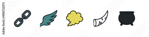Fantasy and Magic Element Icons Featuring Chains Wings Potion Cloud and Cauldron