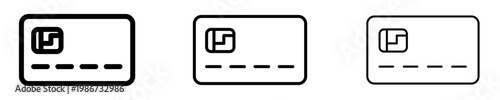 Set of linear bank card icons with a chip and different stroke weights. Minimalist symbols of credit and debit cards, finance, and electronic payments. Vector illustration.