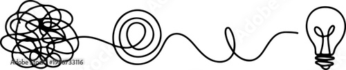 Conceptual illustration of a complex, tangled line transforming into a clear, simple line that ends in a light bulb idea