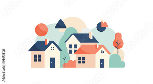 A charming vector landscape depicts three simplified homes nestled among colorful, geometric hills and trees under a warm, abstract sky.
