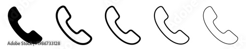 Set of linear telephone handset icons with different stroke weights. Minimalist symbols of an incoming call, phone communication, and customer support. Vector illustration.
