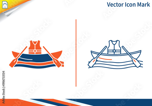Canoe and paddles with life jacket safety gear vector icons.