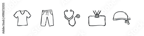 Medical Scrubs and Healthcare Equipment Hand Drawn Outline Icons