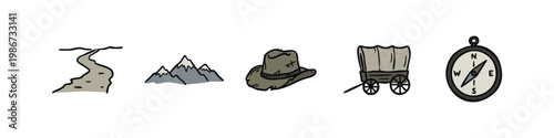 Wild West Frontier and Pioneer Exploration Hand Drawn Icon Set