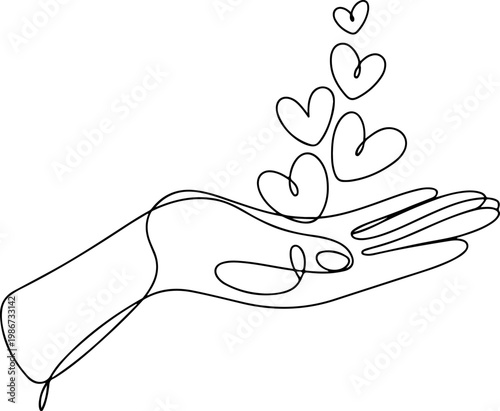 Single line drawing of a hand holding multiple floating hearts, symbolizing love, care, and generosity