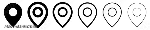 Set of linear geolocation icons with different stroke weights. Minimalist symbols of map pin, address, destination, and navigation. Vector illustration.