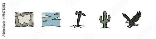 Western Frontier Adventure and Exploration Hand Drawn Color Icons