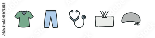 Medical Professional Uniform and Scrubs Hand Drawn Color Icon Set