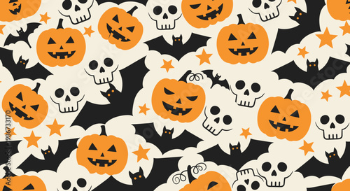 Halloween themed pattern with pumpkins, skulls, and bats.