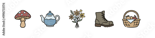 Autumn Cottagecore and Rustic Nature Hand Drawn Icon Set