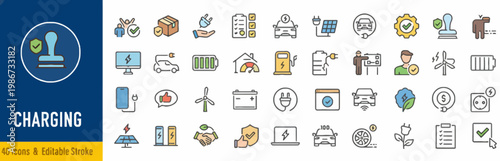 Collection of charging and technology icons for infographics and education