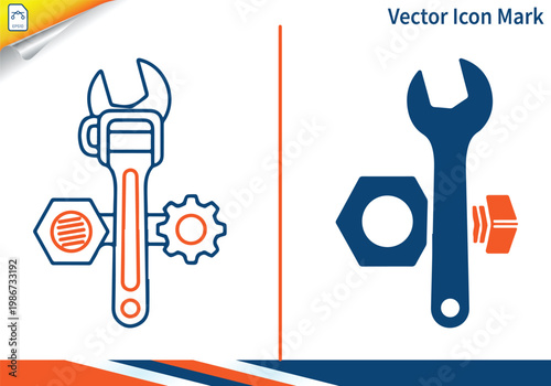 Repair tools with wrench nut and gear symbols for workshops.