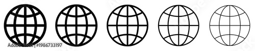 Set of linear globe icons with meridians and parallels with different stroke weights. Minimalist symbols of planet Earth, worldwide web, globalization, and international relations. Vector illustration