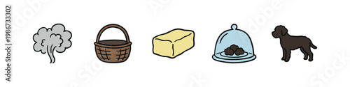 Truffle Collection and Service Icons with Foraging Basket Dog and Serving Cloche