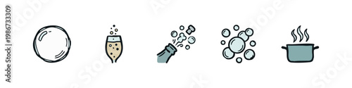 Liquid and Gas Carbonation Icon Set with Champagne Bubbles and Boiling Pot